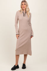 Beige Ribbed Contrast Trim Polo Maternity Midi Sweater Dress