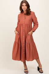 Rust Button Down Long Sleeve Maternity Midi Shirt Dress