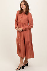 Rust Button Down Long Sleeve Midi Shirt Dress