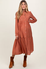 Rust Button Down Long Sleeve Maternity Midi Shirt Dress