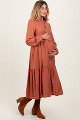 Rust Button Down Long Sleeve Maternity Midi Shirt Dress