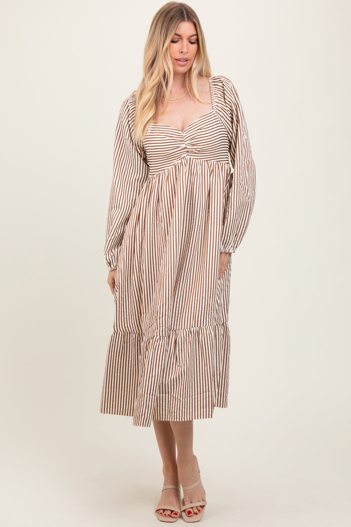 Brown Striped Ruched Bodice Balloon Sleeved Midi Dress