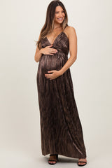 Brown Metallic Deep V-Neck Cutout Tie Back Maternity Maxi Dress
