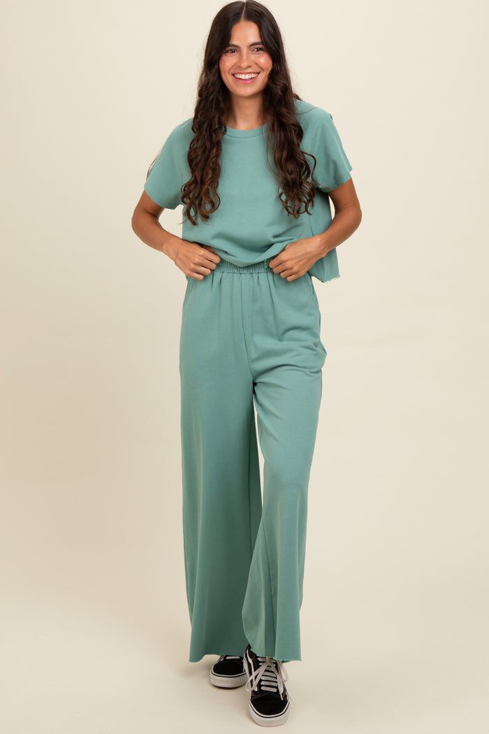 Light Olive Basic Tee And Wide Leg Pant Set