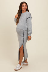 Heather Grey Contrast Stitch Knit Sweater And Maxi Skirt Maternity Set