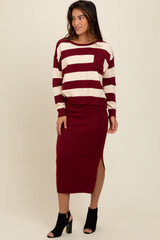 Burgundy Striped Sweater And Fitted Midi Skirt Maternity Set