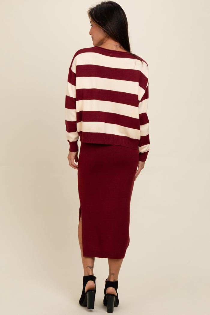 Burgundy Striped Sweater And Fitted Midi Skirt Set