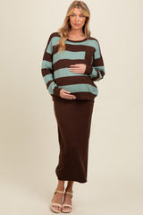 Brown Striped Sweater And Fitted Midi Skirt Maternity Set