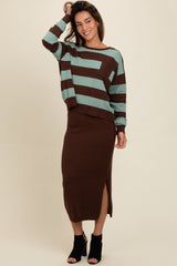 Brown Striped Sweater And Fitted Midi Skirt Set