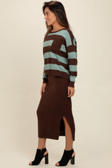 Brown Striped Sweater And Fitted Midi Skirt Set