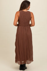 Mocha Textured Smocked Bodice Sleeveless Maternity Maxi Dress