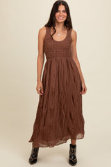 Mocha Textured Smocked Bodice Sleeveless Maternity Maxi Dress