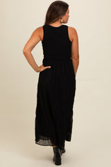 Black Textured Smocked Bodice Sleeveless Maternity Maxi Dress