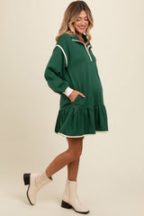 Forest Green Half Zip Ruffle Drop Hem Maternity Mini Dress