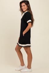 Black Knit Contrast Trim Collared Mini Dress