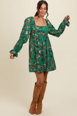 Green 3/4 Ruffle Sleeve Floral Mini Dress