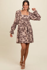 Light Taupe 3/4 Ruffle Sleeve Floral Mini Dress