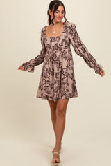 Light Taupe 3/4 Ruffle Sleeve Floral Maternity Mini Dress