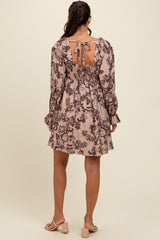 Light Taupe 3/4 Ruffle Sleeve Floral Mini Dress