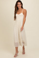 Cream Polka Dot Pleated Mesh Overlay Maxi Dress