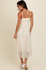 Cream Polka Dot Pleated Mesh Overlay Maxi Dress