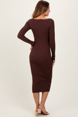 Brown Deep V-Neck Midi Sweater Dress