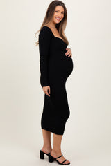 Black Deep V-Neck Maternity Midi Sweater Dress