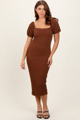 Mocha Textured Square Neck Puff Sleeve Maternity Midi Dress