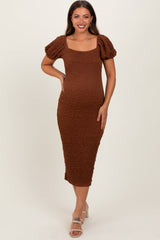 Mocha Textured Square Neck Puff Sleeve Maternity Midi Dress