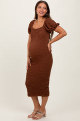 Mocha Textured Square Neck Puff Sleeve Maternity Midi Dress