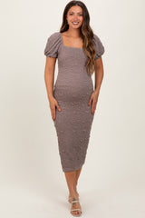 Grey Textured Square Neck Puff Sleeve Maternity Midi Dress