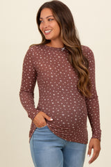 Brown Floral Bow Detail Long Sleeve Fitted Maternity Top