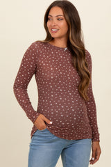 Brown Floral Bow Detail Long Sleeve Fitted Maternity Top