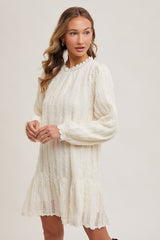 Ivory Ruffle Trimmed Puff Sleeve Mock Neck Dress