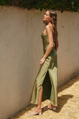 Sage Olive Strapless Bias Cut Maxi Dress