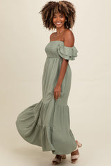 Light Olive Smocked Ruffle Off Shoulder Tiered Maxi Dress