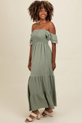 Light Olive Smocked Ruffle Off Shoulder Tiered Maxi Dress