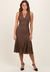 Brown Textured V-Neck Midi Dress