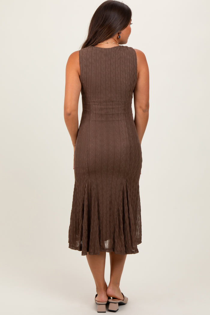 Brown Textured V-Neck Maternity Midi Dress