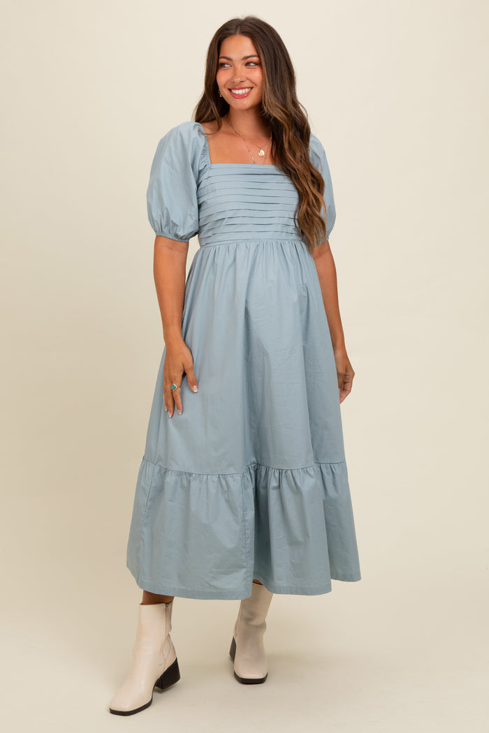 Light Blue Pleated Bodice Puff Sleeve Maternity Midi Dress