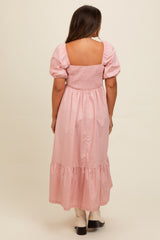 Light Pink Pleated Bodice Puff Sleeve Maternity Midi Dress