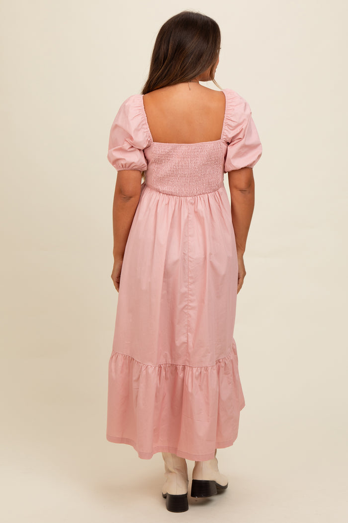 Light Pink Pleated Bodice Puff Sleeve Maternity Midi Dress