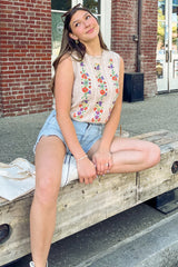 Oatmeal Embroidered Sleeveless Knit Tank Top