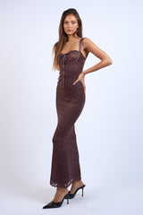 Chocolate Brown Floral Embroidered Lace Maxi Dress