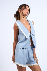 Blue Wide Collared Front Tie Lace Trim Top & Shorts Set