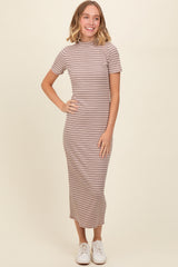 Beige Striped Mock Neck Fitted Midi Dress