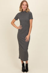 Charcoal Striped Mock Neck Fitted Midi Dress