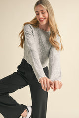 Grey Cable Knit Cropped Sweater