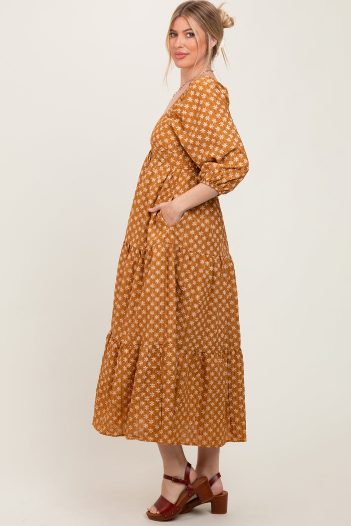 Dark Yellow Floral Long Sleeve Tiered Maxi Dress