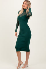 Forest Green Mesh Overlay Fitted Midi Dress